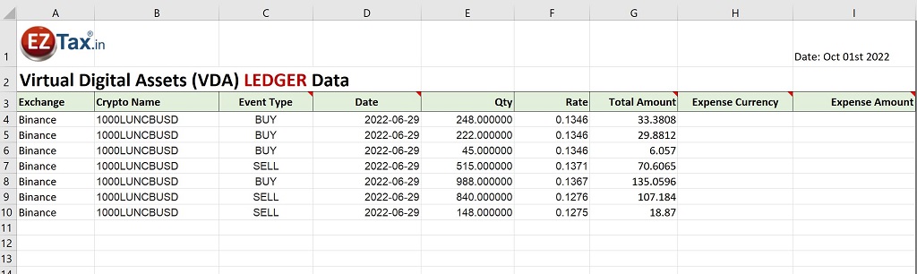 Crypto / VDA Ledger Excel Sample Data