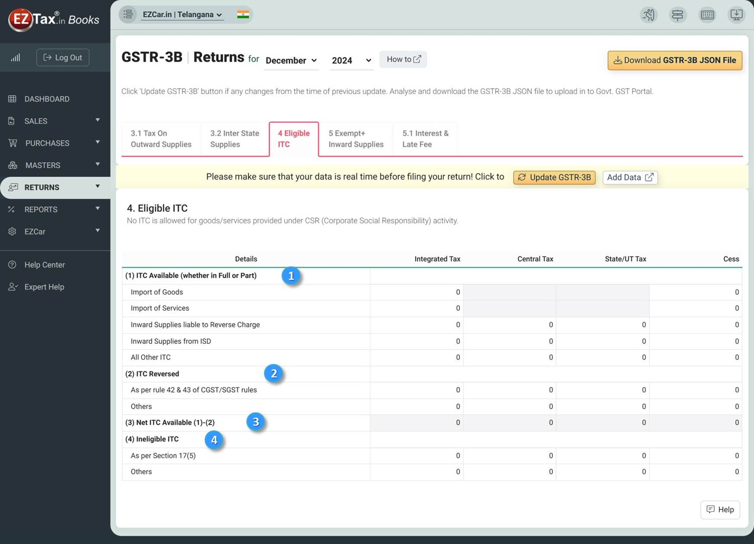 EZTax GST GSTR-3B Report Eligible ITC screen