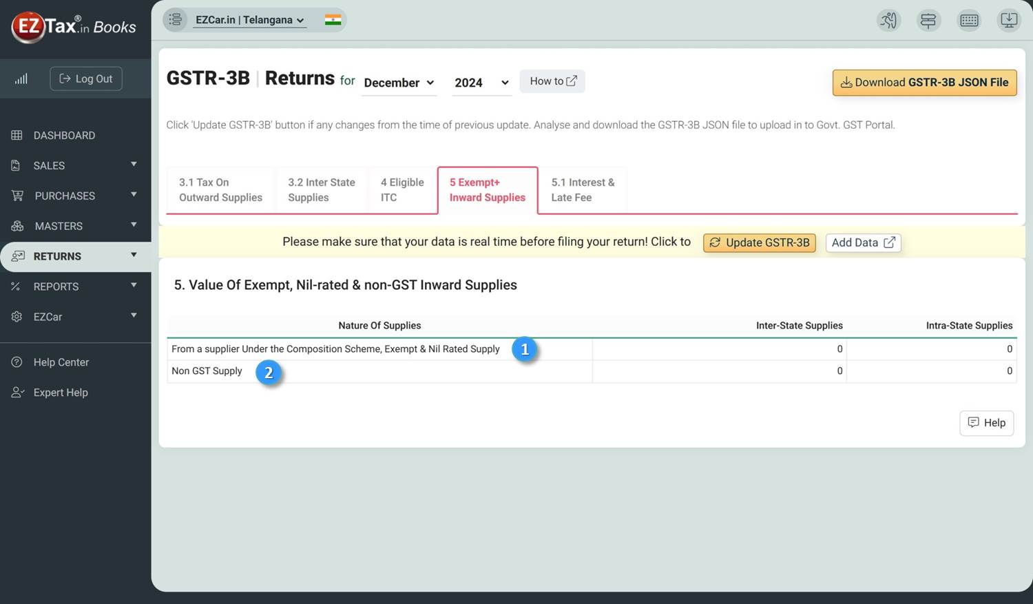 EZTax GST GSTR-3B Report Exempt+Inward Supplies screen