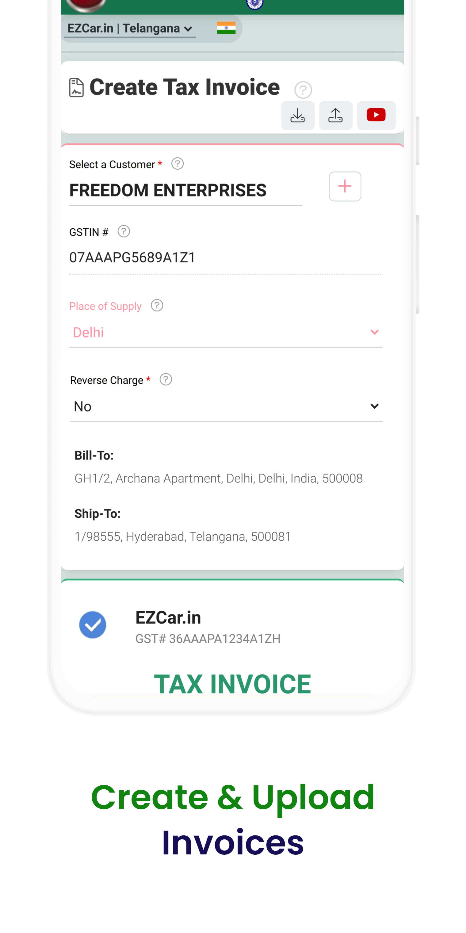 EZTax.in GST Accounting Tax Invoice on Mobile