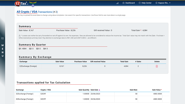 Crypto Income Screen in EZTax.in ITR