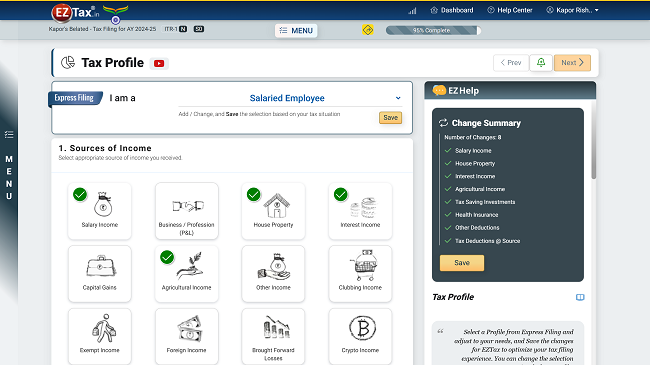 Tax Profile Screen in EZTax.in ITR