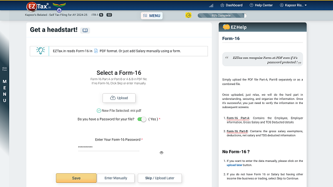 Form 16 Upload Screen in EZTax.in ITR