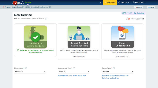 New Service Selection Screen in EZTax.in ITR