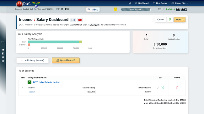 Multiple Salary Addition Screen in EZTax.in ITR
