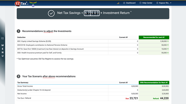 Tax Optimiser Screen in EZTax.in ITR