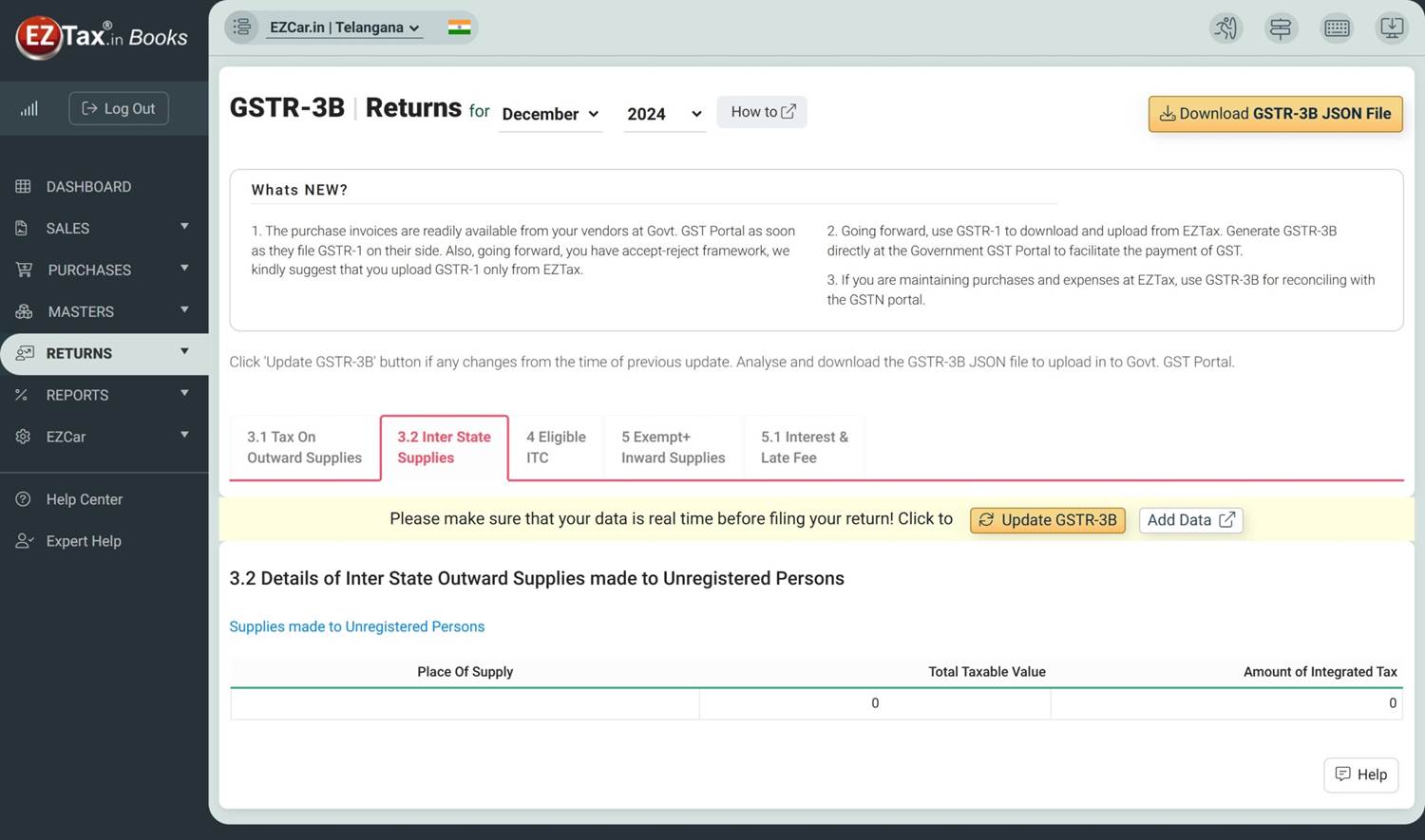 EZTax GST GSTR-3B Report Inter State Supplies screen