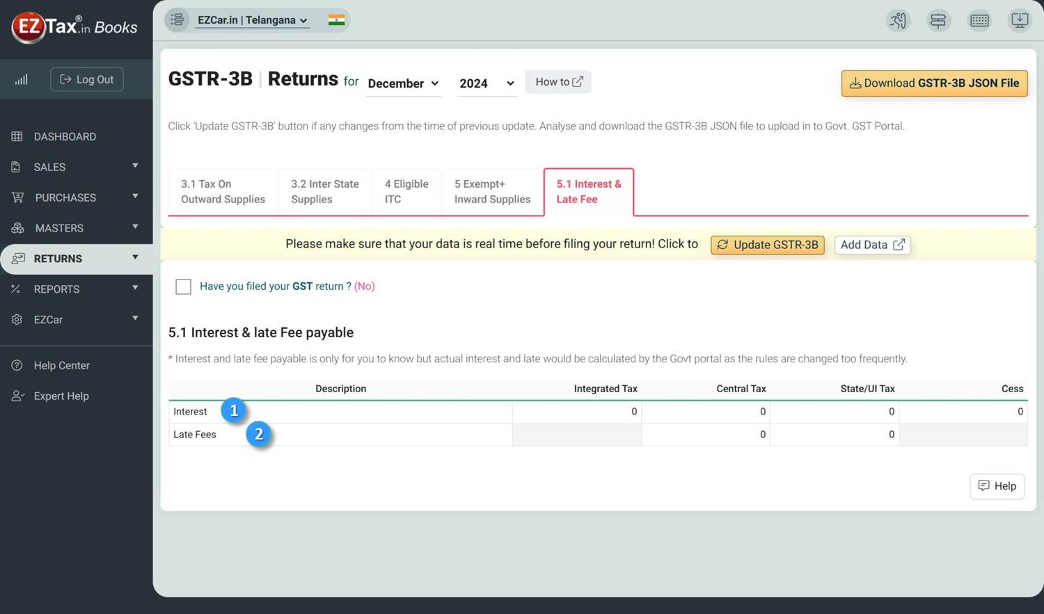 EZTax GST GSTR-3B Report Interest & Late Fee screen