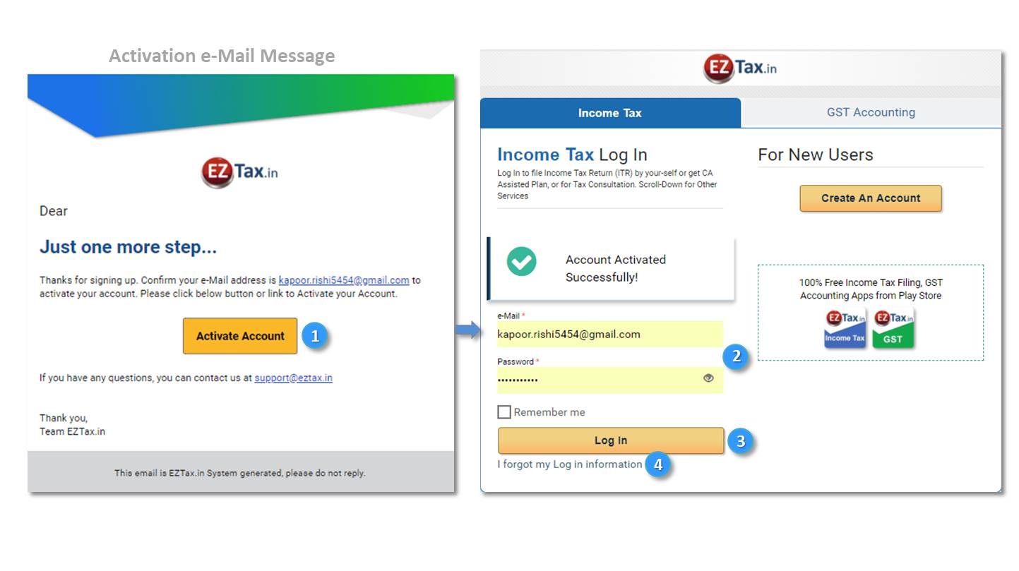 Account Activation Screen from EZTax ITR App