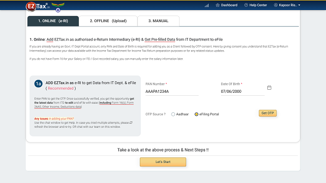 Tax Profile Screen in EZTax.in ITR